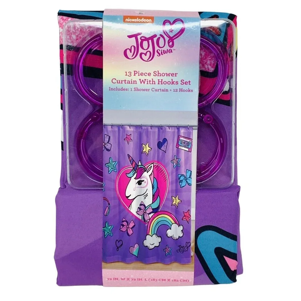 JoJo Siwa Purple Unicorn 13 Piece Shower Curtain and Hooks Set 72 in. x 72 in.